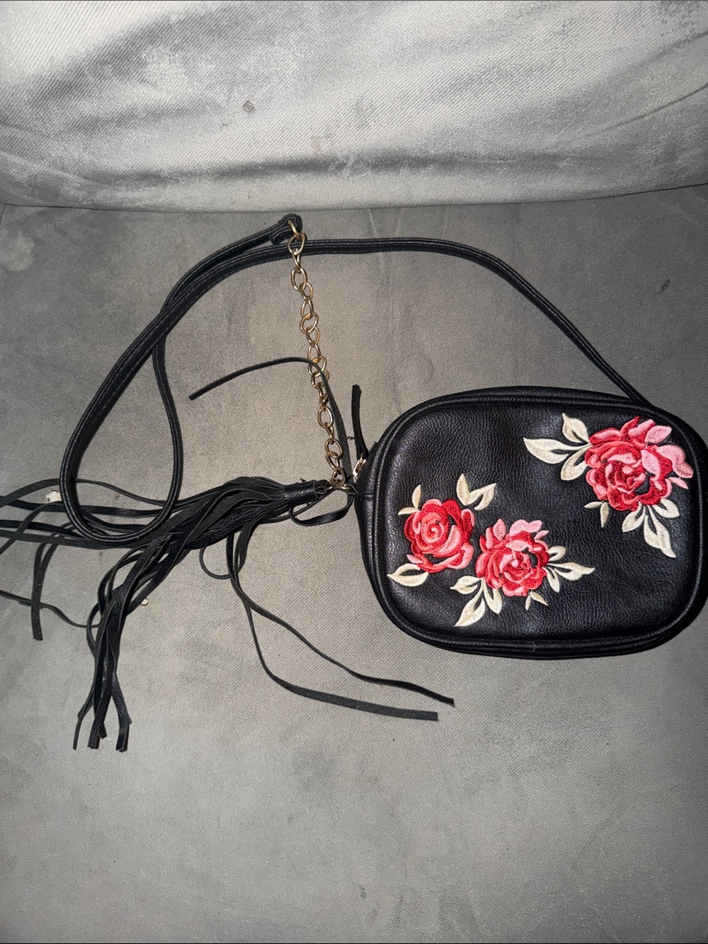 Black Crossbody Bag with Red Rose Embroidery